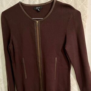 Alfani Petite Women's Zip Front Brown Rayon/Nylon fabric with leather Trim Small